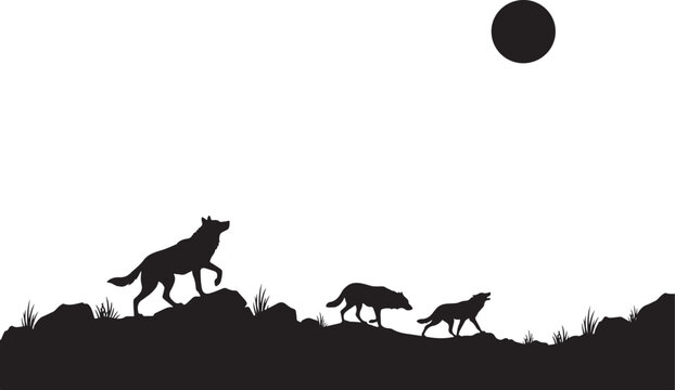 Black silhouette of a pack of wolves walking on a rocky hill under a full moon in a night landscape, isolated on a white background