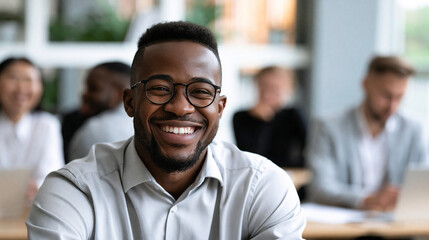 Obraz premium Faceless young happy African American male executive discussing project management planning strategy with diverse busy colleagues at corporate board group meeting, leadership