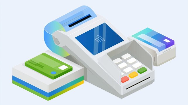 Elegent photo of Modern contactless payment terminal with credit cards isolated on white background. Financial technology concept for secure digital transaction and retail business solutions.