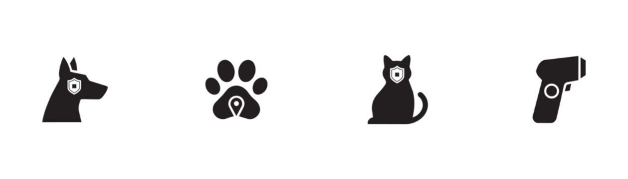 Collection of black glyph icons for pet health and safety. symbols for animal identification, location tracking and temperature check.