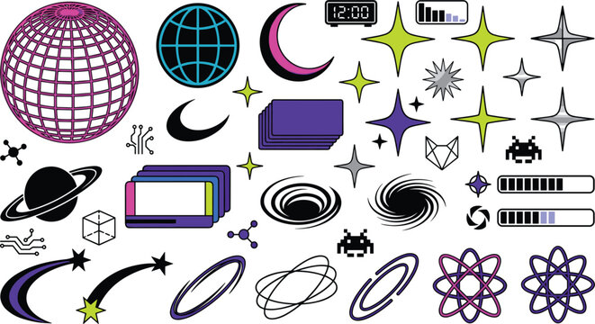 Y2K retro futuristic vector element set featuring wireframe spheres neon stars cosmic shapes and tech graphics