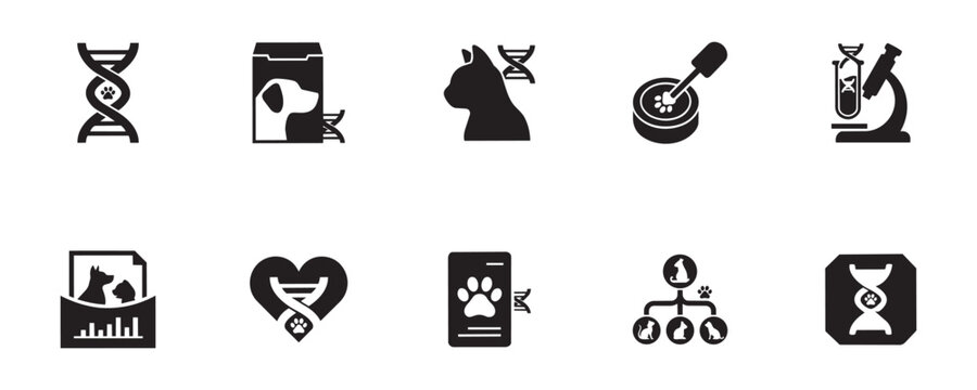 Veterinary science icons featuring DNA cat dog heart microscope and medical research symbols. Vector graphics for pet healthcare and animal science.