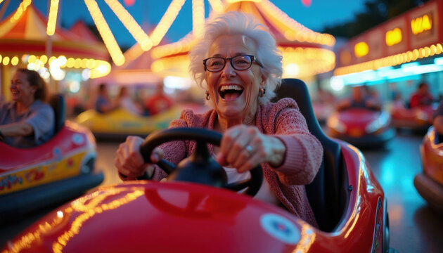 Happy senior woman drives red bumper car at night funfair amusement park. Smiling elderly lady with glasses laughs loud riding attraction at carnival event. Excited grandmother enjoys active leisure