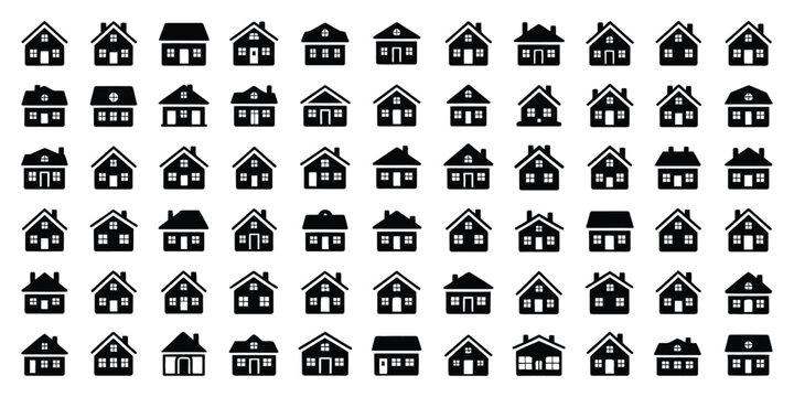 house vector icon grid set with varied roof window door layouts