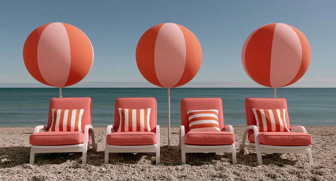 Red beach chairs under giant floating spheres. Vibrant lounge seating with oversized decorative orbs on sandy shore. Luxury resort relaxation conce...