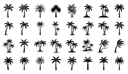 Black Palm Tree Silhouette Collection with Tropical Island Trees Vector Illustration Set © Madhobe