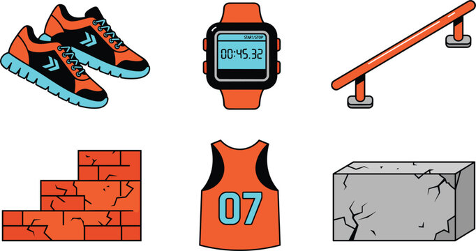 Parkour and Free Running Extreme Urban Sport Icon Set with Sneakers Stopwatch Handrail Brick Stairs Jersey Tank Top and Concrete Obstacle Ledge Vector