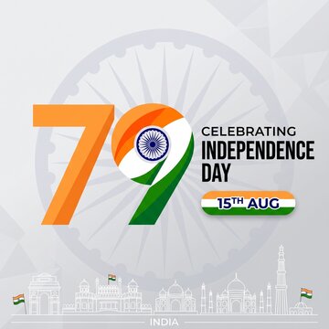 Large seventy nine number graphic design featuring the tricolor saffron white and green colors of the indian flag to celebrate the seventy ninth annual independence day