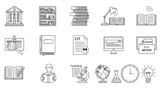 Collection of education and technology icons in line art style.