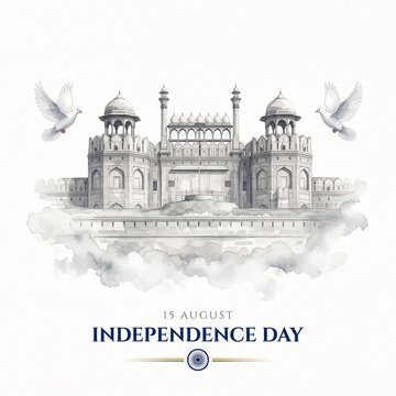 Majestic watercolor illustration featuring the iconic Red Fort monument in Delhi with graceful flying white doves to celebrate the glorious Indian independence day on fifteenth August