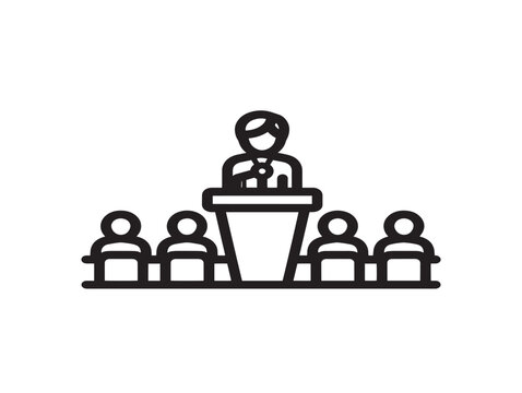 Diverse team receiving feedback from manager. Group of professionals listening to supervisor at podium. Leadership and workplace communication illu...