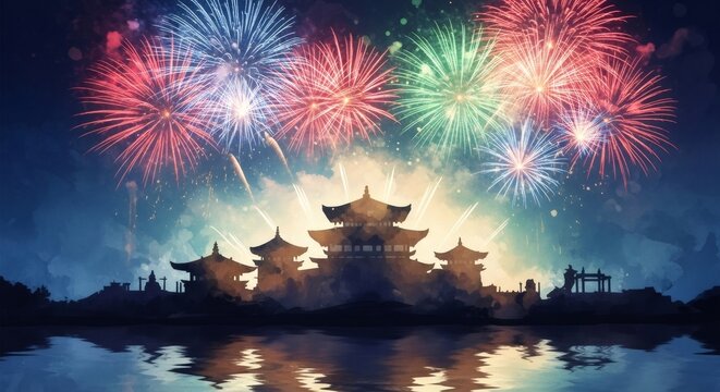 Fireworks exploding above traditional Indian temple silhouette at night. Vibrant celebration of Dussehra festival culture. Bright colorful light show on dark sky. Epic religious event.