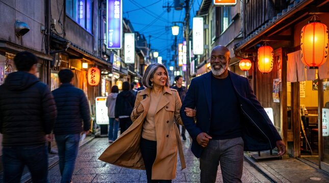 Happy mature couple strolling arm in arm through a lantern lit Japanese old town alley