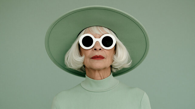 Woman wearing oversized novelty sunglasses and wide-brim hat. Playful female model with exaggerated eyewear posing for fun portrait. 