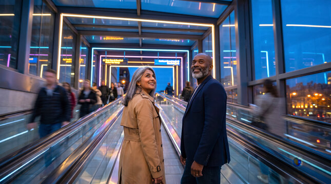 Elegant mature couple riding a moving walkway inside a modern illuminated transit station