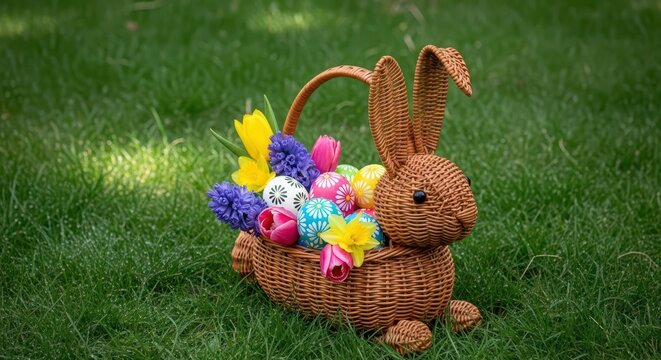 A charming wicker basket shaped like a rabbit sits on soft green grass, filled with vibrant hand-painted eggs and spring flowers outdoors, yellow, animal, nature