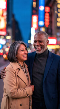 Joyful mature couple embracing and laughing before dazzling neon billboards on a busy city street