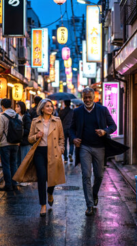 Elegant mature couple walking through a rainy neon lit Japanese alley crowded with pedestrians