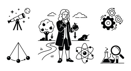 Newton s Law Of Gravity Vector Illustrations With Historical Figure © Begum