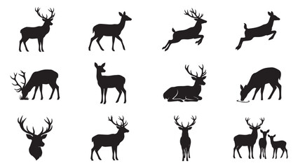 Obraz premium Deer Silhouette Vector Set, Stag and Doe Icons Bundle