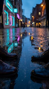 Two pairs of leather shoes facing on wet cobblestone reflecting neon light in an evening street