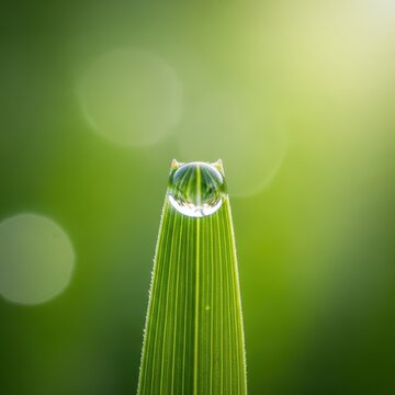 A single crystalline dewdrop rests perfectly on a vibrant green blade of grass, captured with extreme sharpness against a soft bokeh blur, dewdrop, spring, bokeh