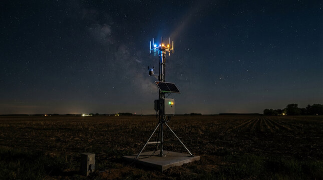 Cell tower in remote field under starry night sky with Milky Way