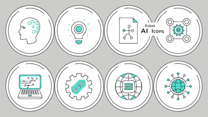 Fototapeta premium A collection of eight icons representing technology and artificial intelligence on a gray background
