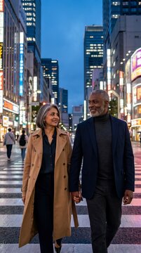 Elegant mature couple holding hands as they cross a neon lit city street on a calm evening
