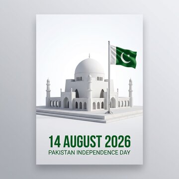 White mosque architecture standing proudly next to a waving Pakistani flag representing national pride and patriotic spirit during the celebration of Pakistan independence day in August