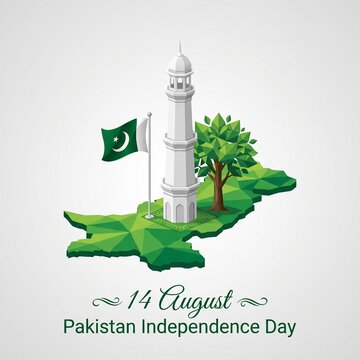 Isometric illustration of the map of Pakistan featuring the iconic Minar e Pakistan tower and a national flag celebrating the annual fourteenth of August independence day