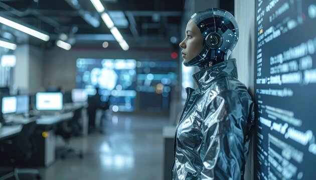 Futuristic female android with AI interface helmet in a modern data center, looking at a wall of code