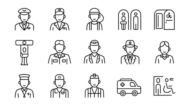 Collection of professional icons representing various occupations and service workers in a clean line art style for business and web design.