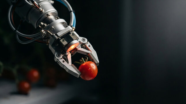 Robotic arm precisely picks ripe cherry tomato for automated harvesting
