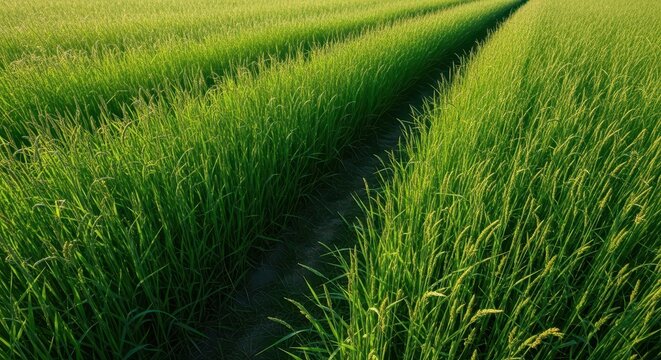 Lush wild meadow featuring dense green herbage with visible narrow paths carved through the tall stalks by frequent movement and activity, traffic, scenery, weeds