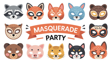 Fototapeta premium Selection of cute animal face masks for a masquerade party featuring various characters like raccoon, fox, cat, bear, and pig for children.