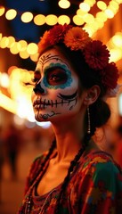Fototapeta premium Young woman wears traditional Catrina skull makeup, floral headpiece for Dia de Muertos night event. Celebrates Mexican holiday in colourful festive outfit lights glow in background. Person honors