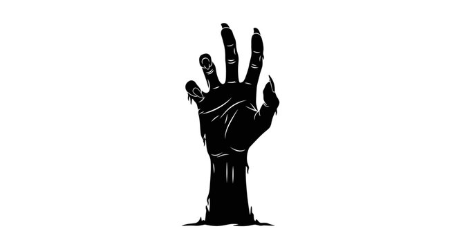 Zombie hand rising from the ground, creepy undead monster arm reaching up, black silhouette horror vector for Halloween party posters and spooky designs