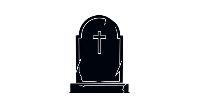 Spooky Halloween gravestone vector icon, cracked stone tombstone with cross symbol, gothic cemetery headstone silhouette for horror design
