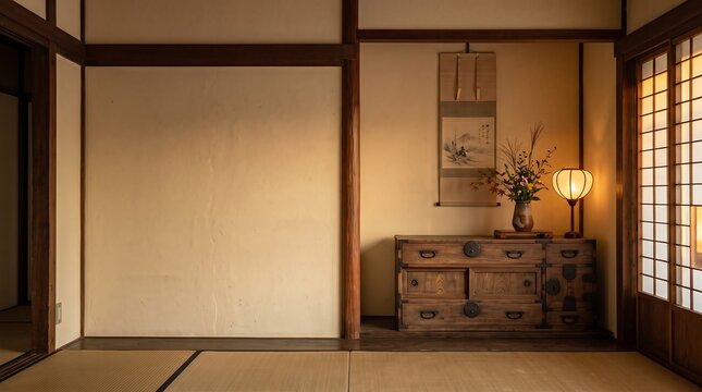 Traditional Japanese Room with Tansu Chest, Ikebana and Hanging Scroll Art | Authentic Japanese Interior Featuring Tatami Floor, Wooden Cabinet and Paper Lantern