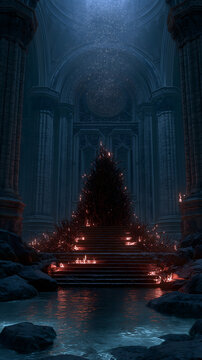 Thorn Lava Obsidian Seven-gate Throne Of Underworld Goddess Ereshkigal, Underground River Green Phosphor Lost Soul Lights, Commercial Asset For Dark Ritual Gothic Game
