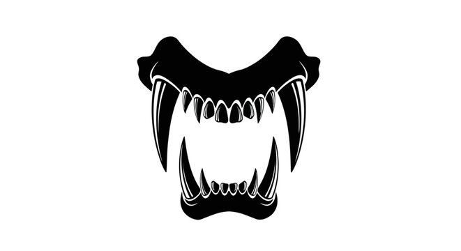 Aggressive beast teeth vector illustration, predatory animal fangs and jaw silhouette, black and white monster mouth graphic for t-shirt design
