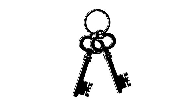 Vintage skeleton keys on a keyring vector illustration. Antique metal key bunch silhouette. Old fashioned door keys for security and mystery concepts.
