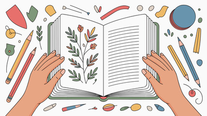 Fototapeta premium Top view of hands holding open a sketchbook decorated with botanical flower drawings and surrounded by various art supplies and pencils.