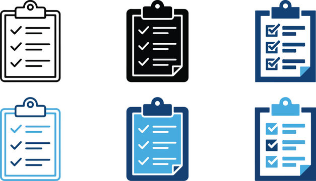 Clipboard checklist icon set with completed tasks to do list quality control project planning and document verification vector designs collection
