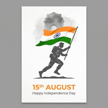 Indian soldier silhouette running forward while holding a waving national flag during the celebration of fifteenth august independence day with a soft artistic watercolor background effect