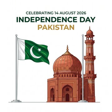 Pakistani independence day celebration featuring a waving national flag and an ornate red architectural monument graphic illustration design for public holiday events and patriotic posters
