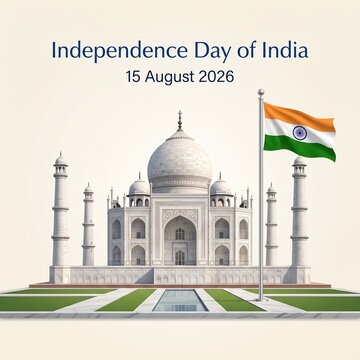 Majestic Taj Mahal architectural monument standing tall with the waving national flag of India displayed prominently for the upcoming independence day celebration in August twenty twenty-six.