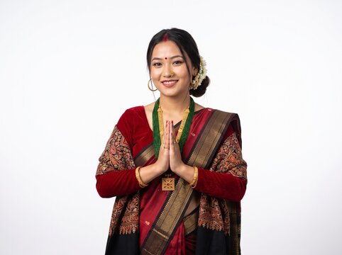 Smiling Nepali Woman in Traditional Gunyo Cholo Greeting on White Background
