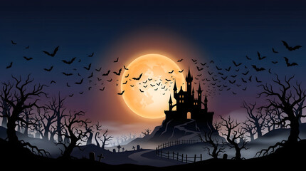 Fototapeta premium Spooky halloween night scene castle silhouette full moon bats and graveyard landscape